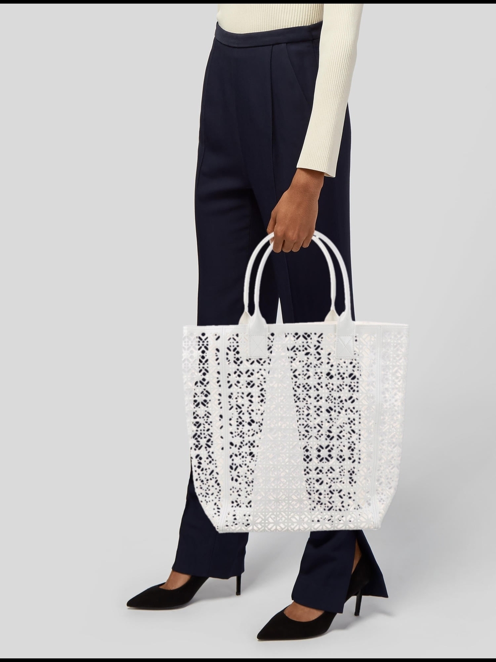 Tory Burch White Laser-Cut Tote Bag with Double Handles